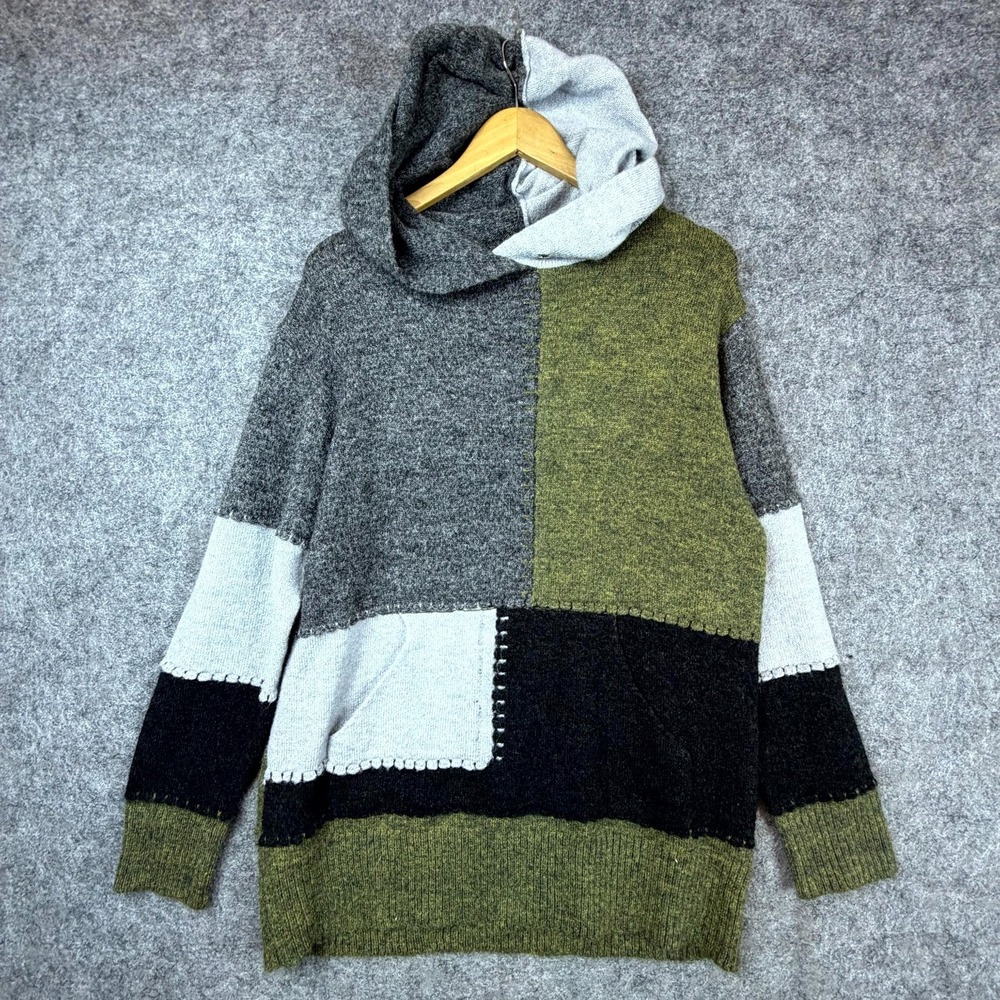 Baciano Sweater Womens Large Olive Colorblock Patchwork Knit Long Hooded Boho